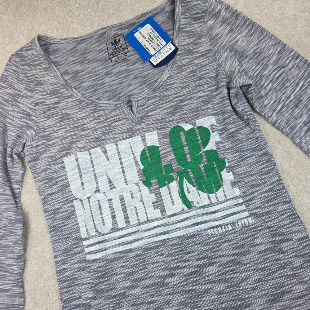 Adidas T-Shirt Womens S Gray Notre Dame Fighting Irish NCAA Logo 3/4 Sleeve NWT